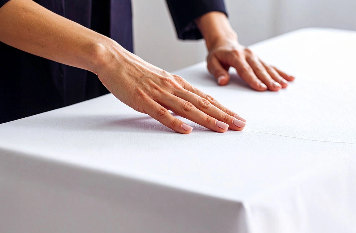Mains sur une nappe blanche après traitement amidonnage textile