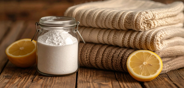 Vinaigre blanc et citron à côté de serviettes pour adoucir le linge naturellement