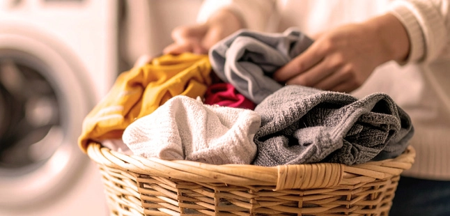 Panier en osier rempli de linge de couleur pour préserver les couleurs du linge avant lavage