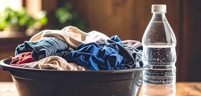 Bassine de vêtements de couleur avec bouteille de vinaigre utilisée comme fixateur de couleur pour vêtement