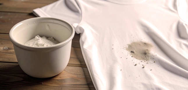 Tache sur t-shirt blanc avec bol de produit naturel pour détacher un vêtement