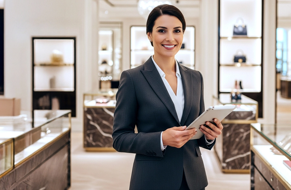Employée en magasin de luxe pour le nettoyage des tenues professionnelles dans le secteur retail