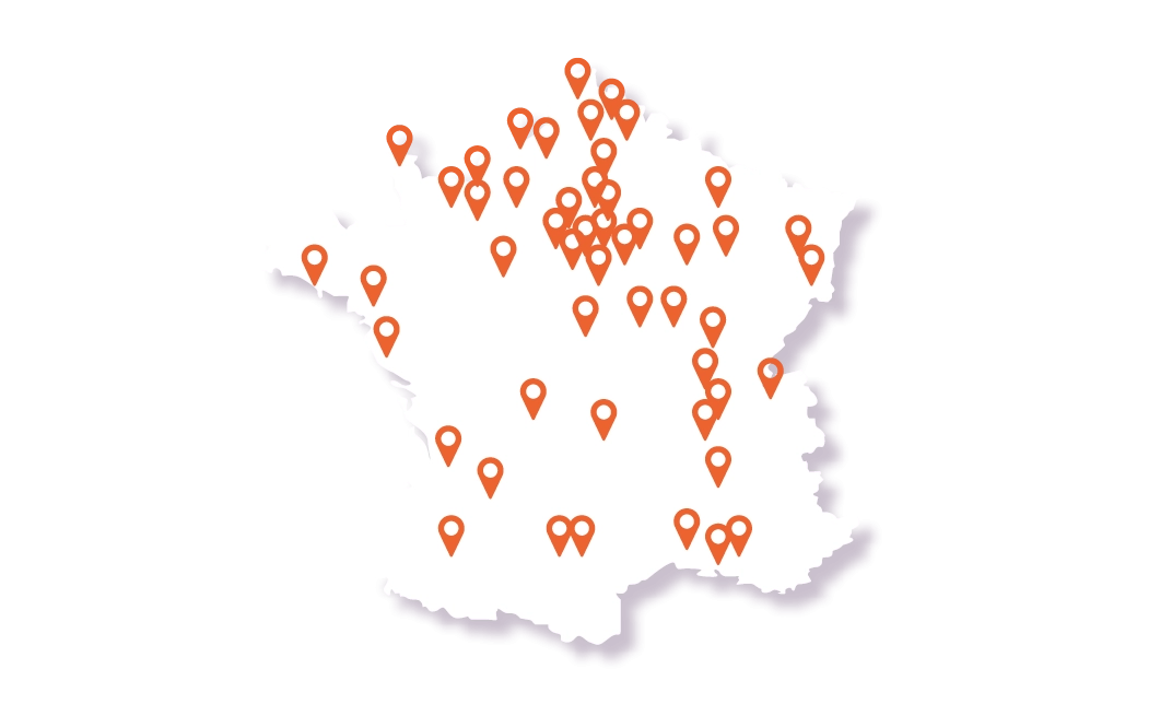 Carte de France avec les implantations du réseau franchise pressing 5asec illustrant la présence nationale des magasins spécialisés dans l’entretien textile.