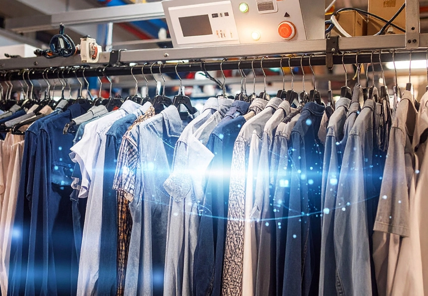 Vêtements suspendus sur une chaîne de nettoyage professionnelle illustrant le savoir-faire et l’équipement du réseau franchise pressing 5asec pour l’entretien textile.