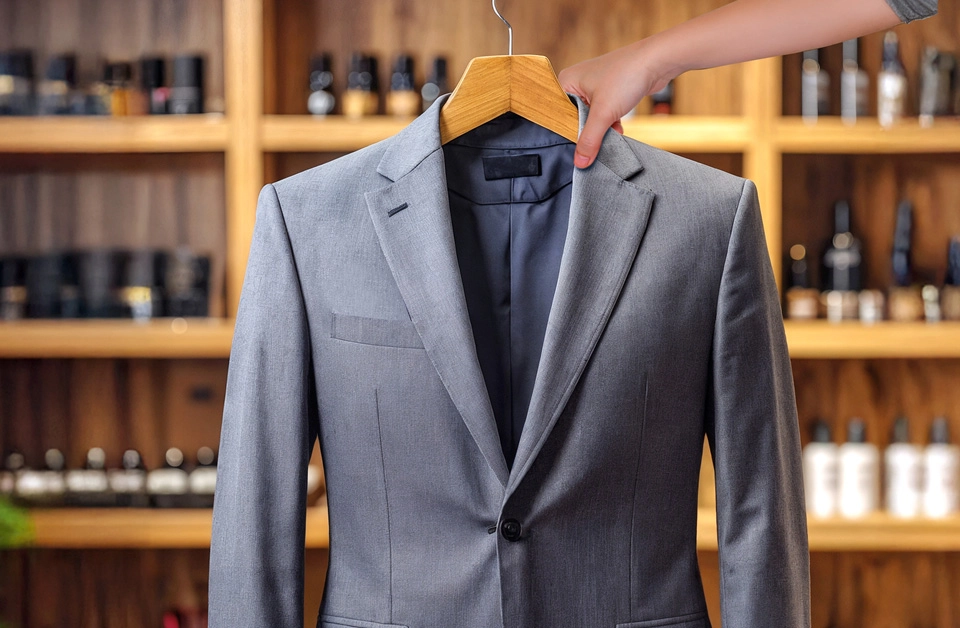 Costume sur cintre après nettoyage uniforme professionnel en pressing