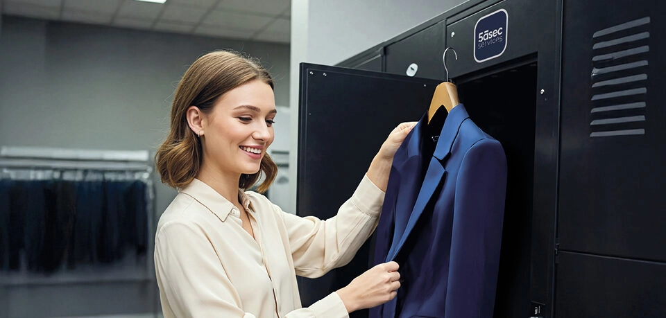 Cliente utilisant un service de conciergerie de pressing pour déposer un vêtement en casier automatique