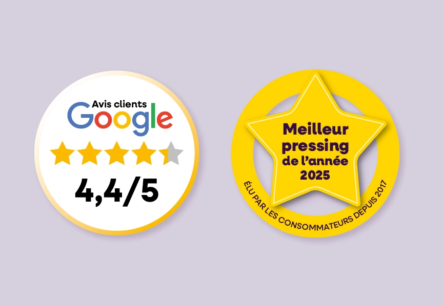 Badges de récompense et avis clients Google mettant en avant la qualité du réseau franchise pressing 5asec et sa reconnaissance par les consommateurs.