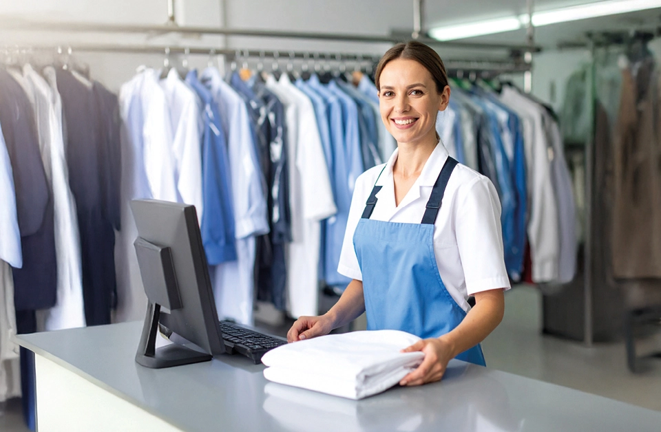 Accueil client en pressing entreprise proximité avec prise en charge du linge professionnel