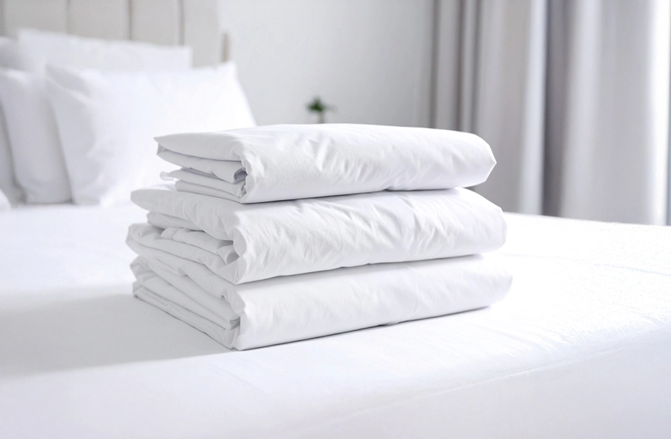 Nettoyage linges plats : pile de draps blancs soigneusement pliés sur un lit d’hôtel