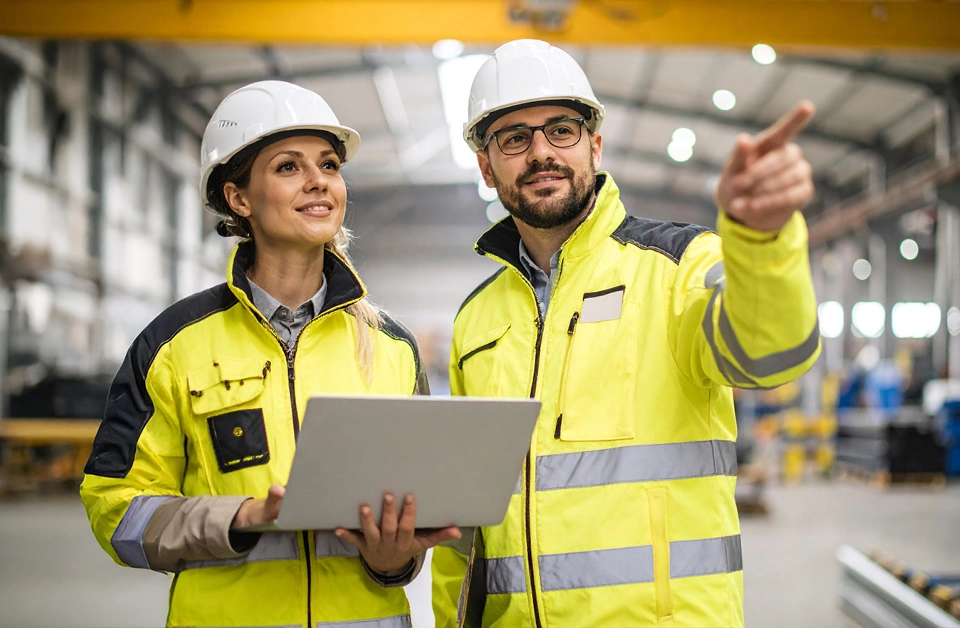 Professionnels du BTP en tenue de chantier pour le nettoyage des tenues professionnelles en secteur industriel