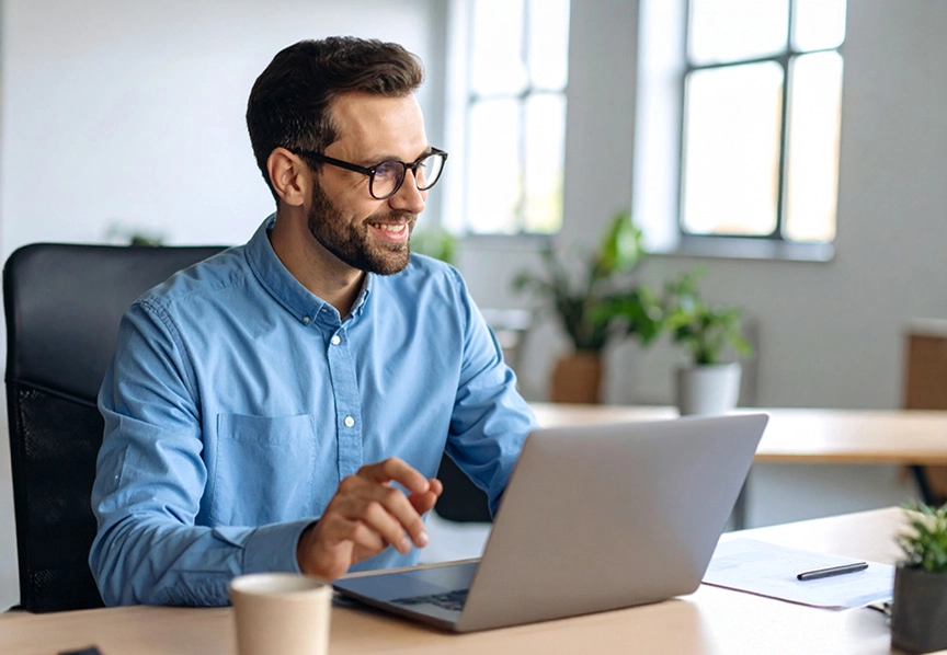 Professionnel travaillant sur ordinateur pour optimiser la gestion du nettoyage des tenues professionnelles avec une offre BtoB