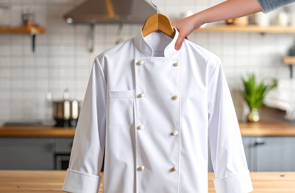 Veste de cuisine blanche après nettoyage vêtement de travail en pressing