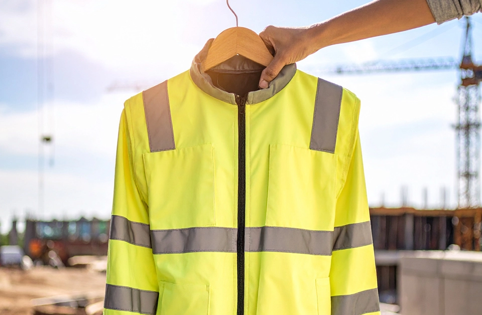 EPI nettoyage : veste de sécurité haute visibilité avec bandes réfléchissantes sur chantier professionnel